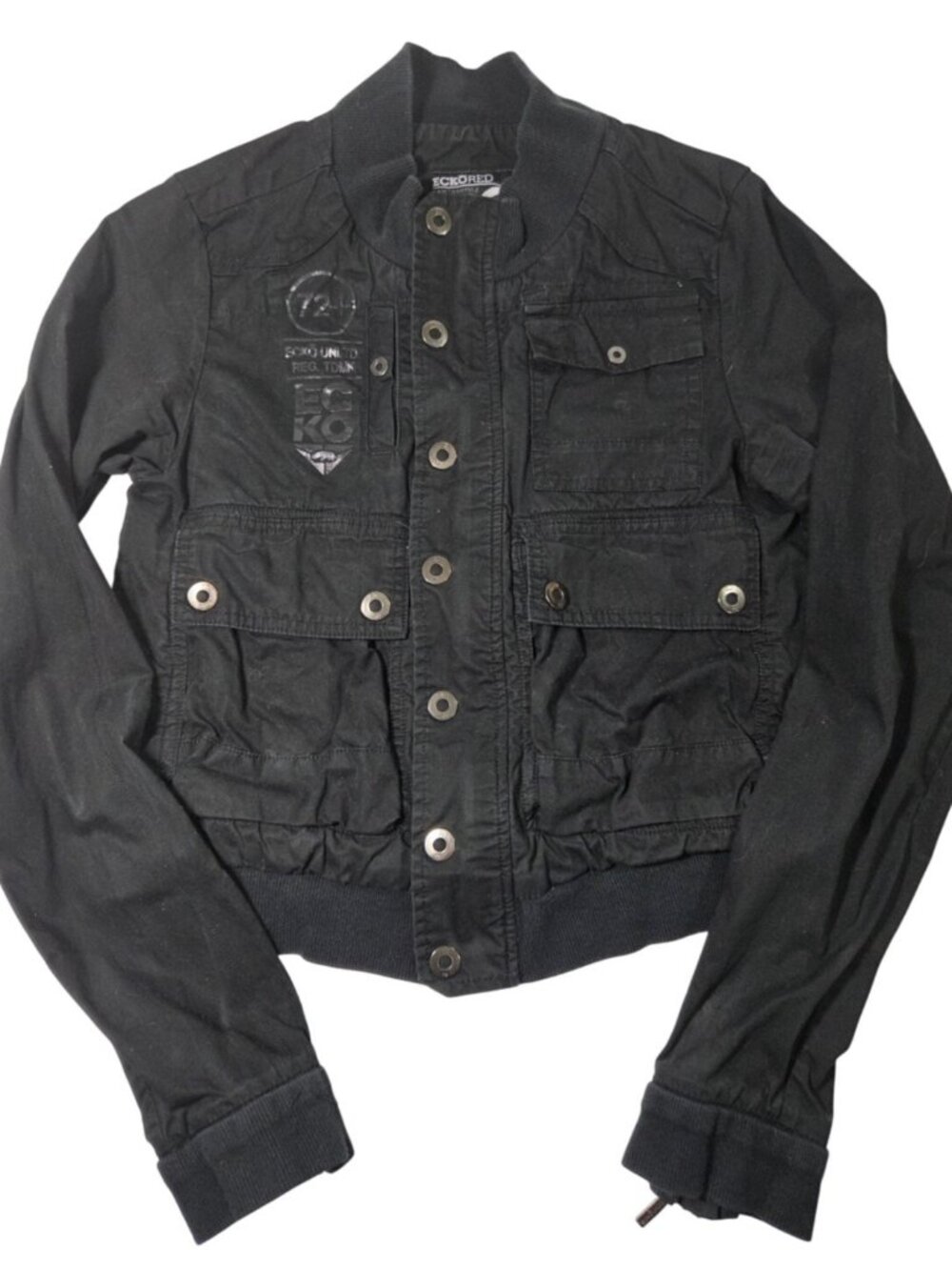 VTG Y2K Womens Ecko Unltd Cargo Utility Bomber Jacket Black Sz M Grunge Skater